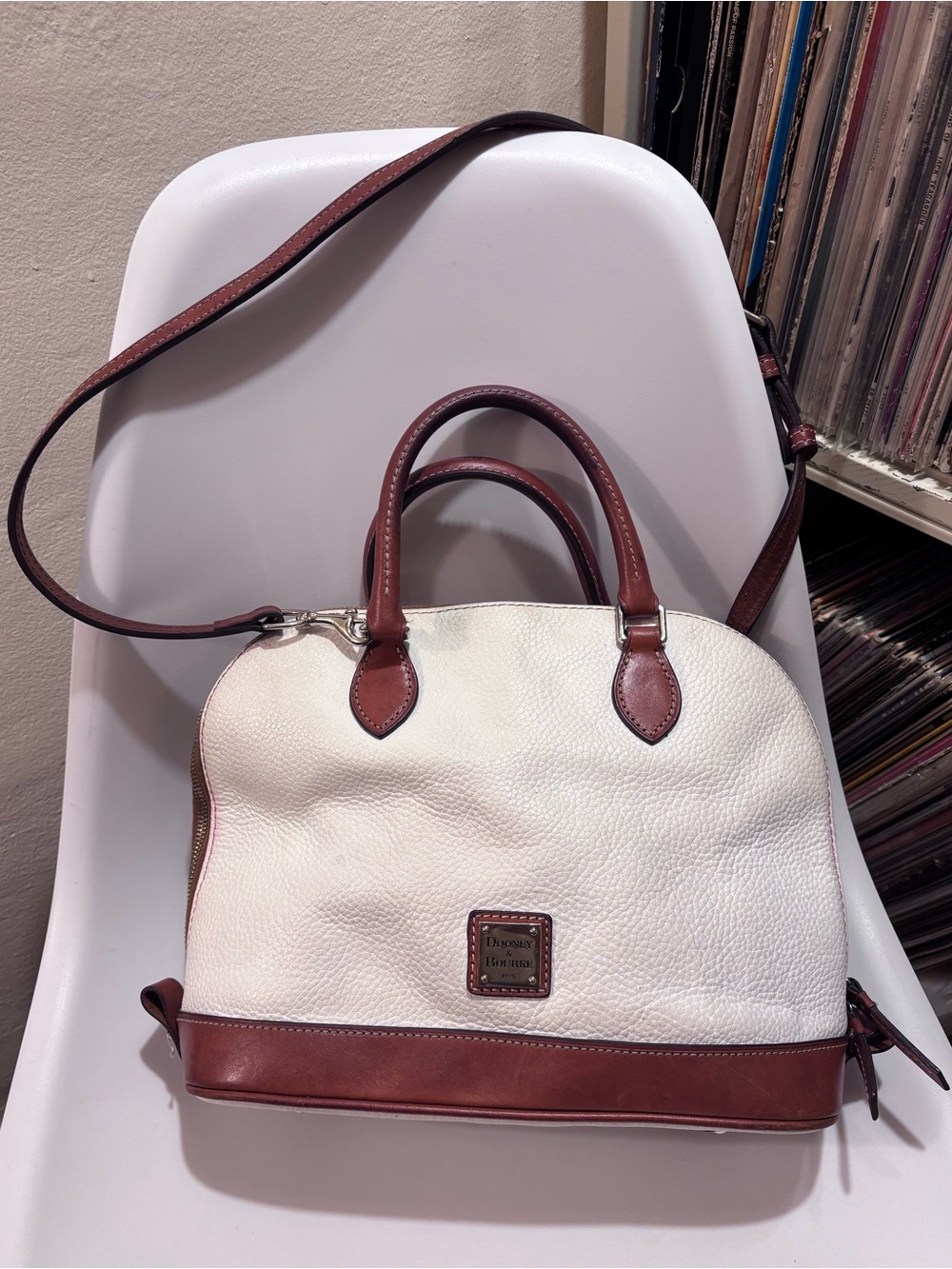 Dooney & Bourke White Pebbled Leather Satchel with Brown Trim